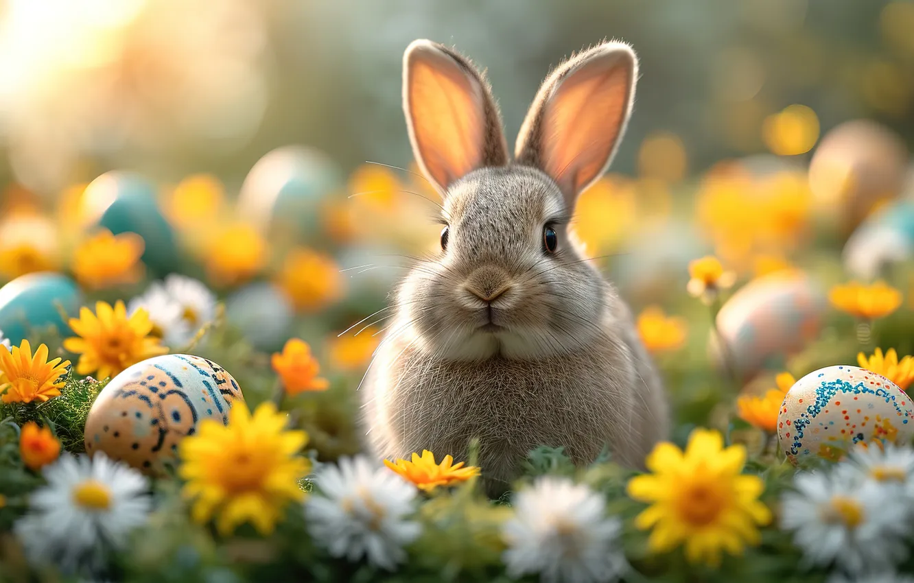 Photo wallpaper flowers, eggs, spring, colorful, Easter, happy, flowers, spring