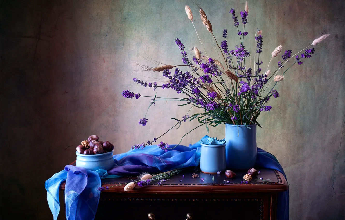 Photo wallpaper fabric, table, grass, shawl, lavender, chestnuts, vases