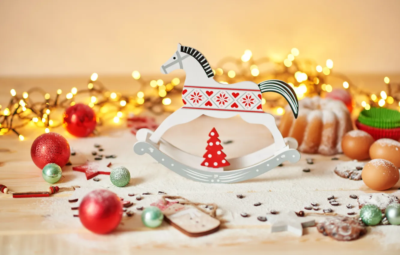 Photo wallpaper balls, Christmas, cookies, decoration, garland, decor, cupcake, horse