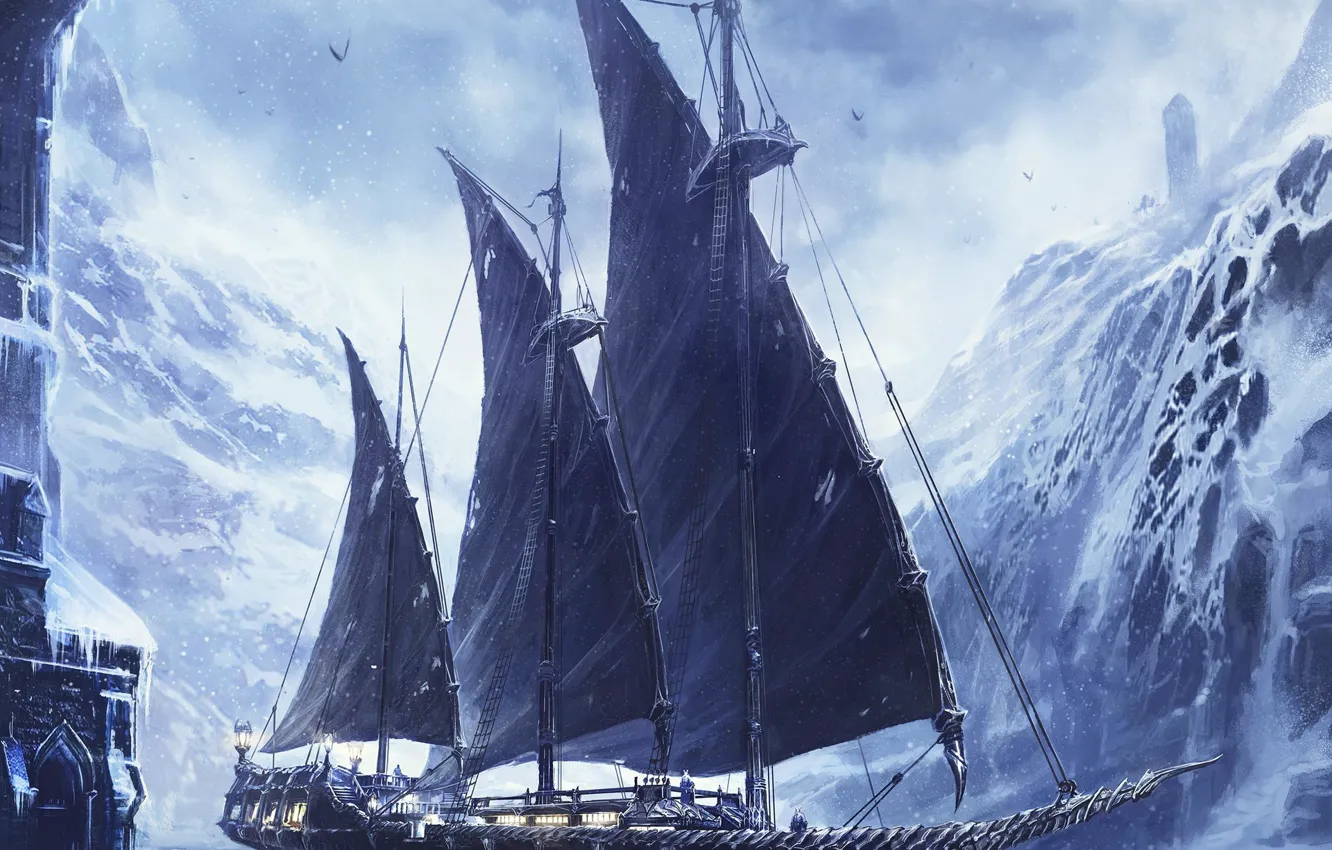 Photo wallpaper rocks, ship, witcher 3, naglfar