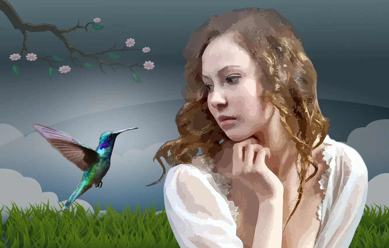 Photo wallpaper face, woman, Hummingbird, girl, colorful, ave