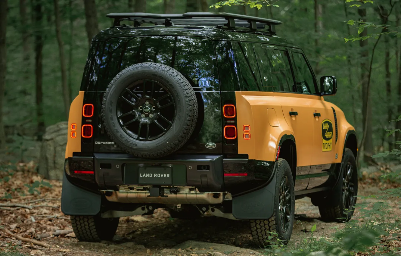Photo wallpaper power, jeep, SUV, exterior, Land Rover Defender, 2022, Land Rover Defender 110 Trophy Edition, forest …