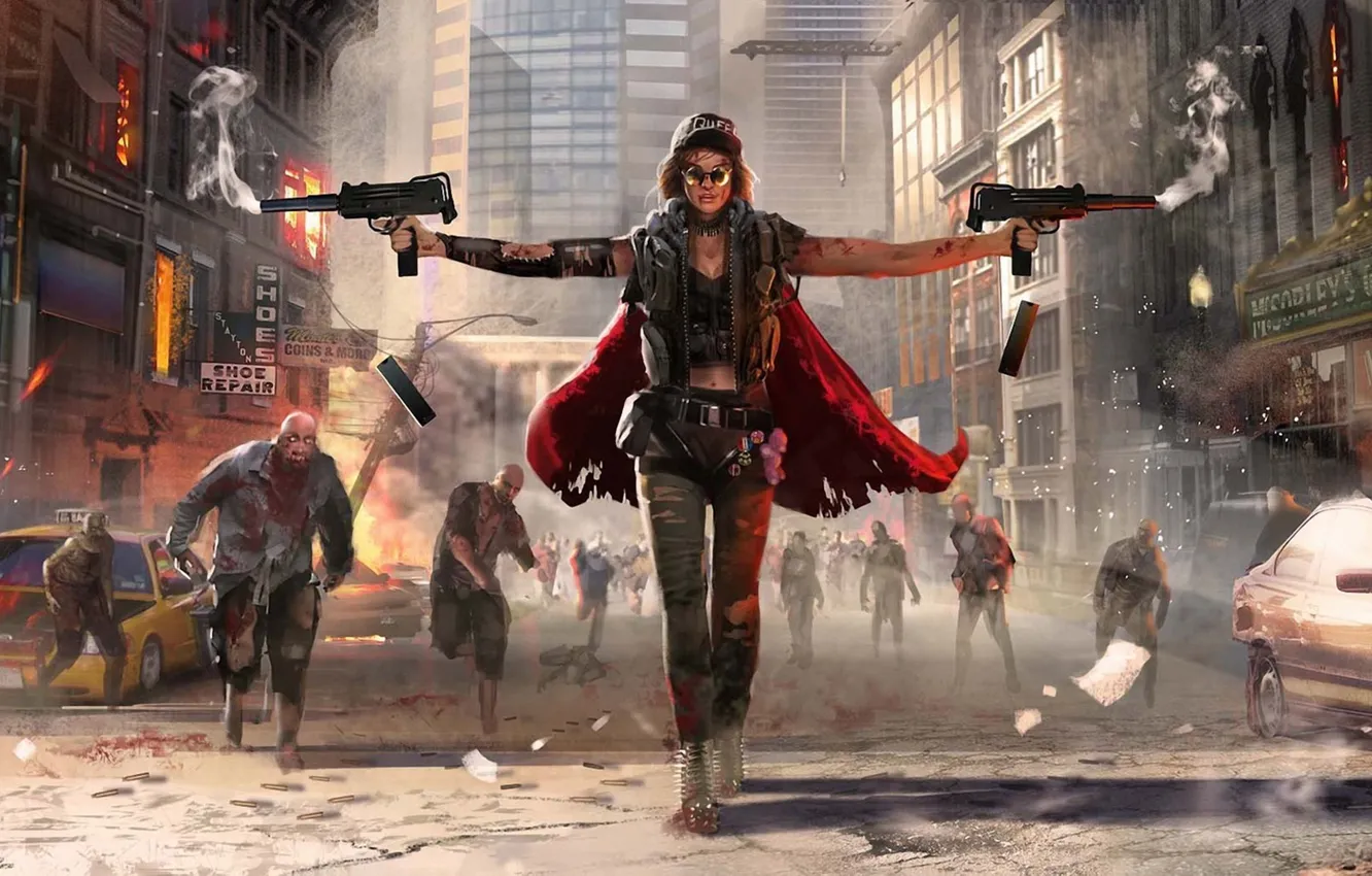 Photo wallpaper girl, the city, weapons, shot, art, zombies