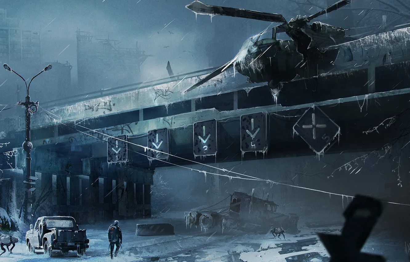 Photo wallpaper winter, machine, bridge, the city, people, robot, the skeleton, art