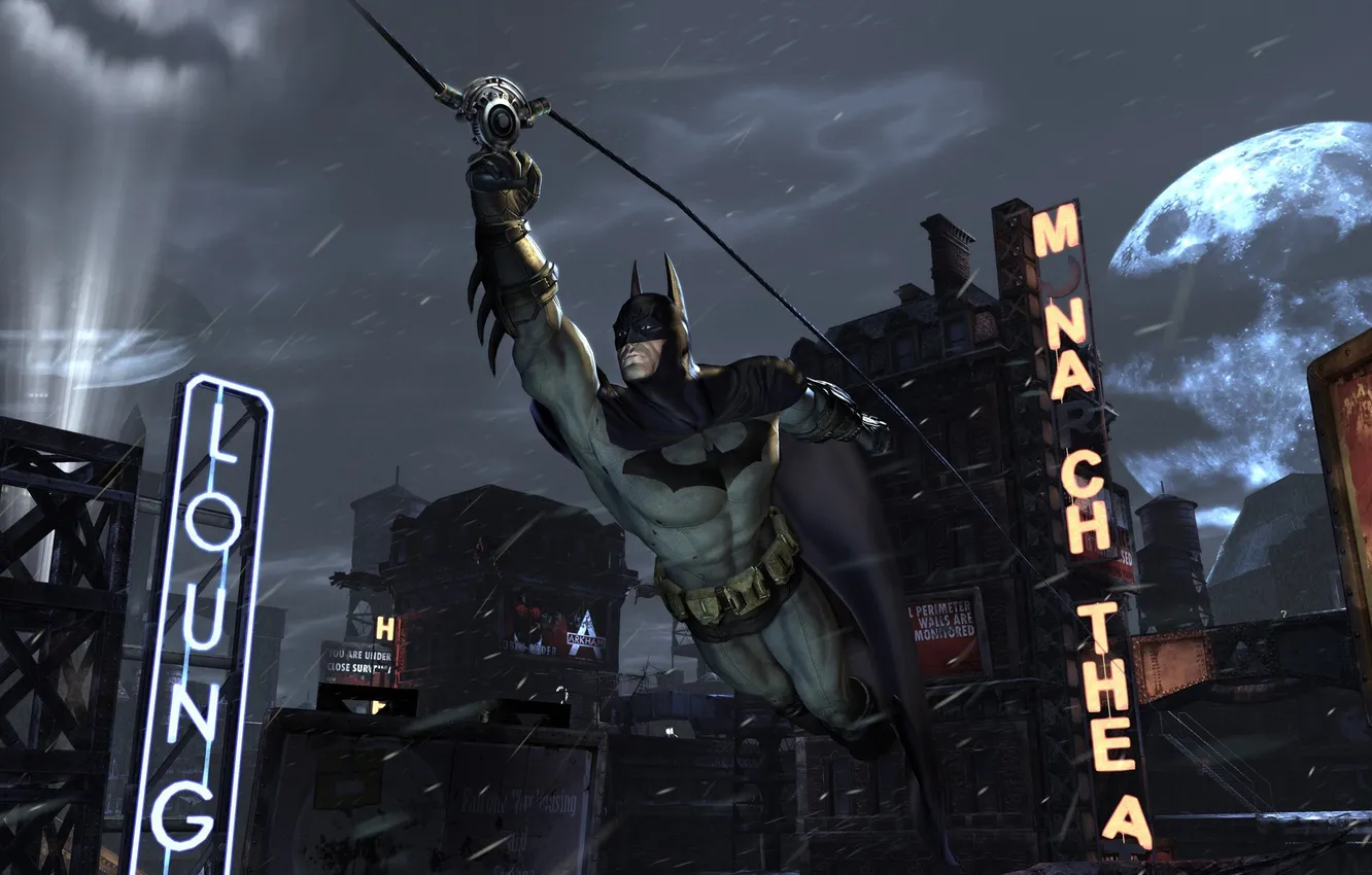 Photo wallpaper night, city, the city, height, Batman, the cable, hurry, archam