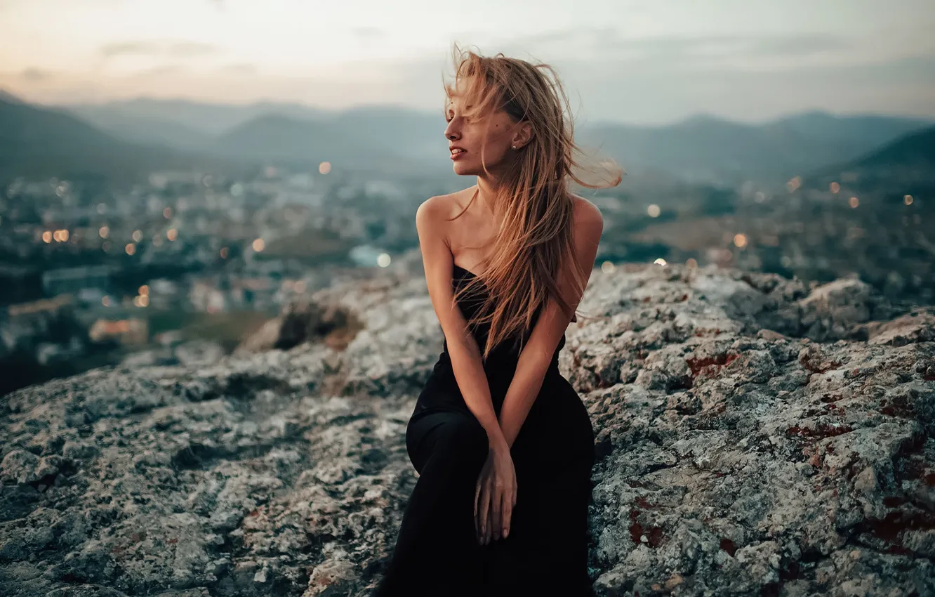 Photo wallpaper girl, the wind, black, hair, dress