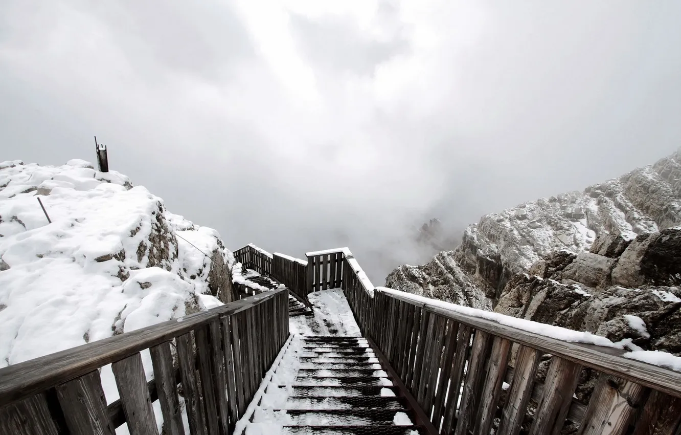 Photo wallpaper snow, landscape, mountains, fog, ladder
