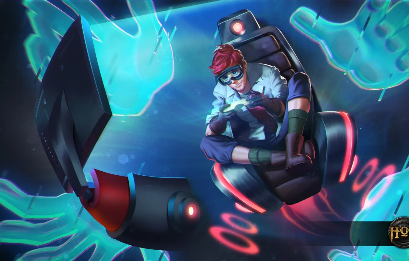 Photo wallpaper chair, art, glasses, monitor, guy, Heroes of Newerth, Doctor Repulsor, Doctor Gamer