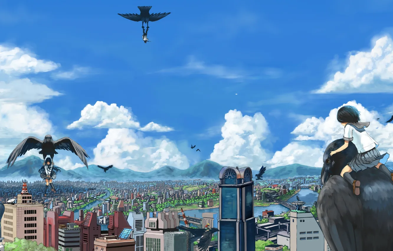 Photo wallpaper clouds, flight, landscape, the city, river, bird, girl, crows