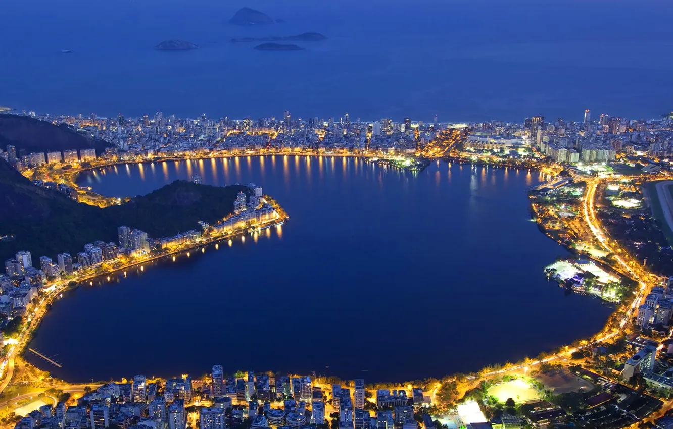 Photo wallpaper night, lights, Laguna, Brazil, Rio de Janeiro, Rodrigo de Freitas