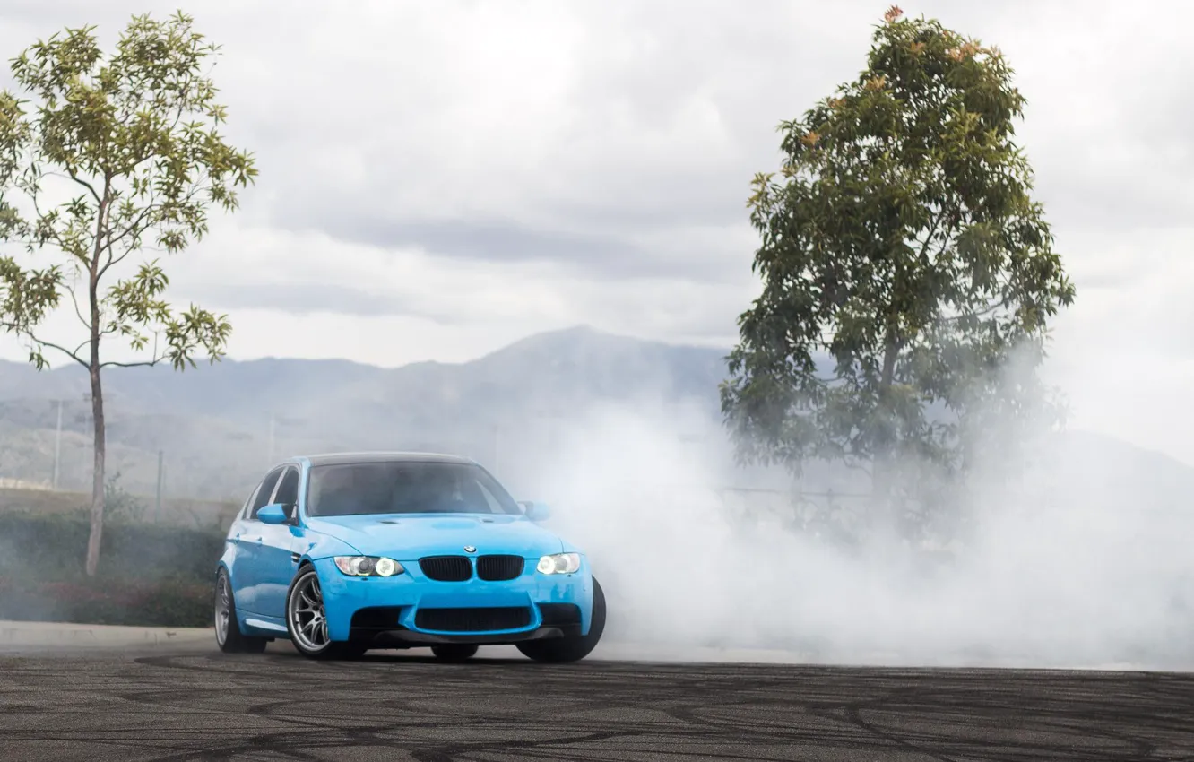 Photo wallpaper BMW, Smoke, E90, M3, Light blue