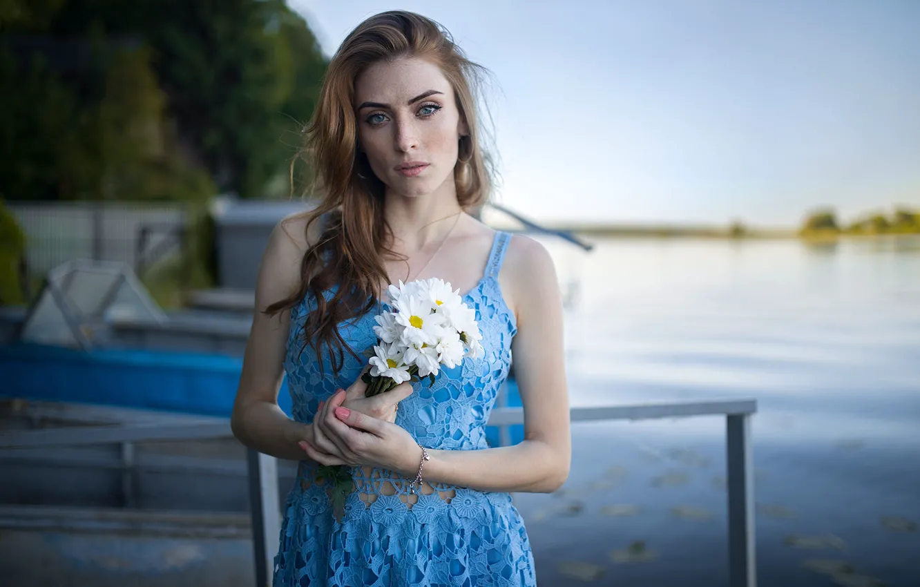 Photo wallpaper look, flowers, pose, river, model, portrait, makeup, pier