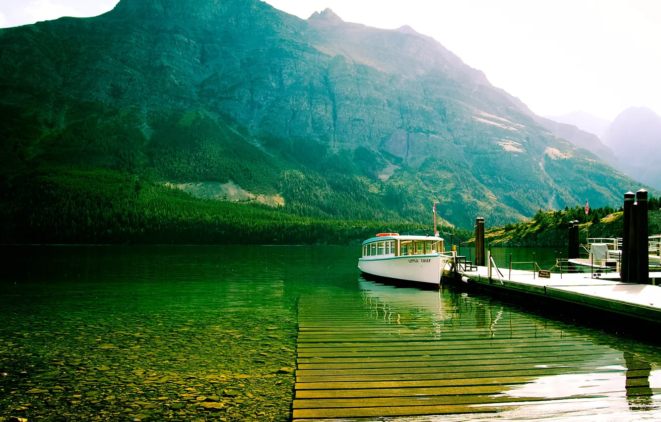 Photo wallpaper pier, cutter, mountain lake, Glacier National Park, St. Mary lake