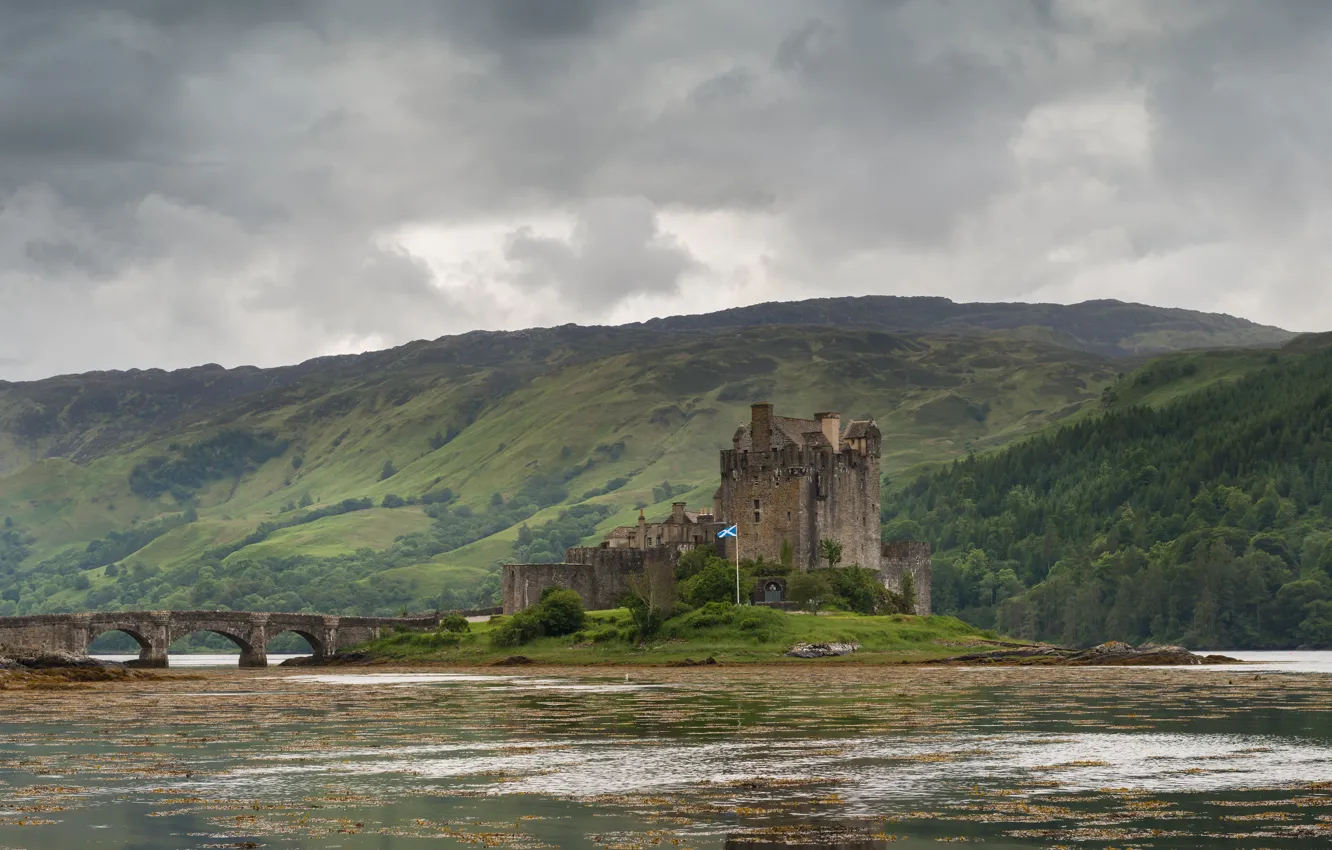 Photo wallpaper mountains, castle, Scotland, pond