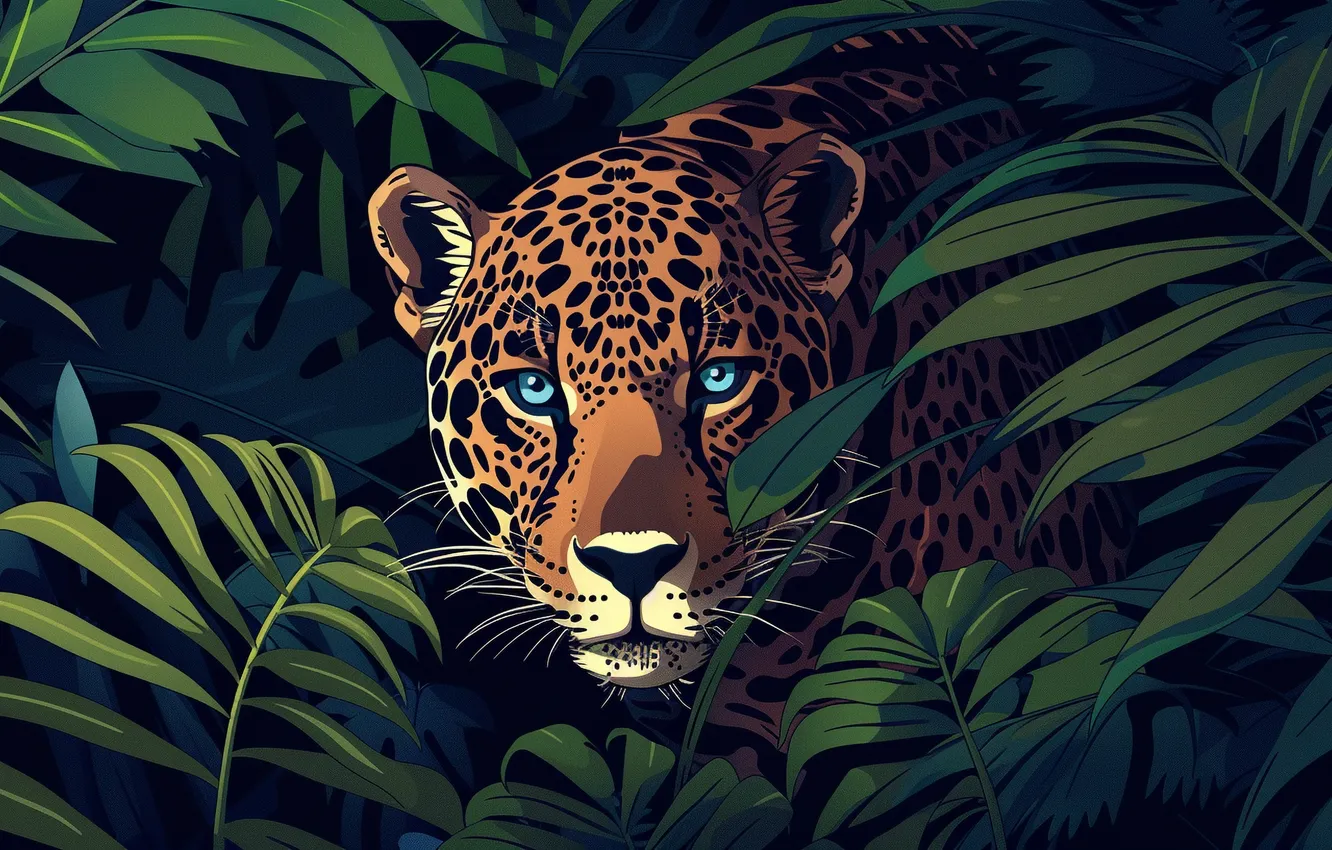 Photo wallpaper look, face, leaves, predator, Jaguar, big cat, closeup, digital art