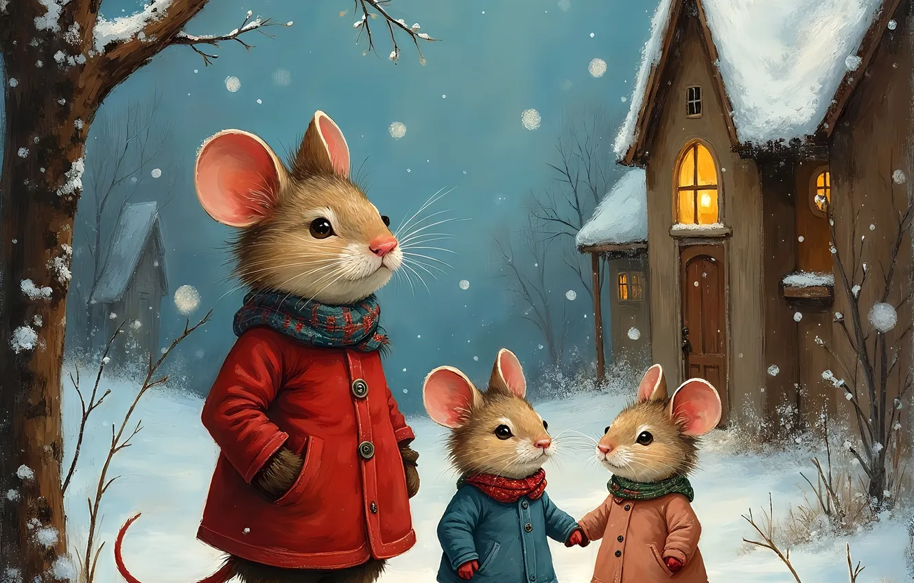 Photo wallpaper winter, look, snow, trees, branches, glade, mouse, mouse