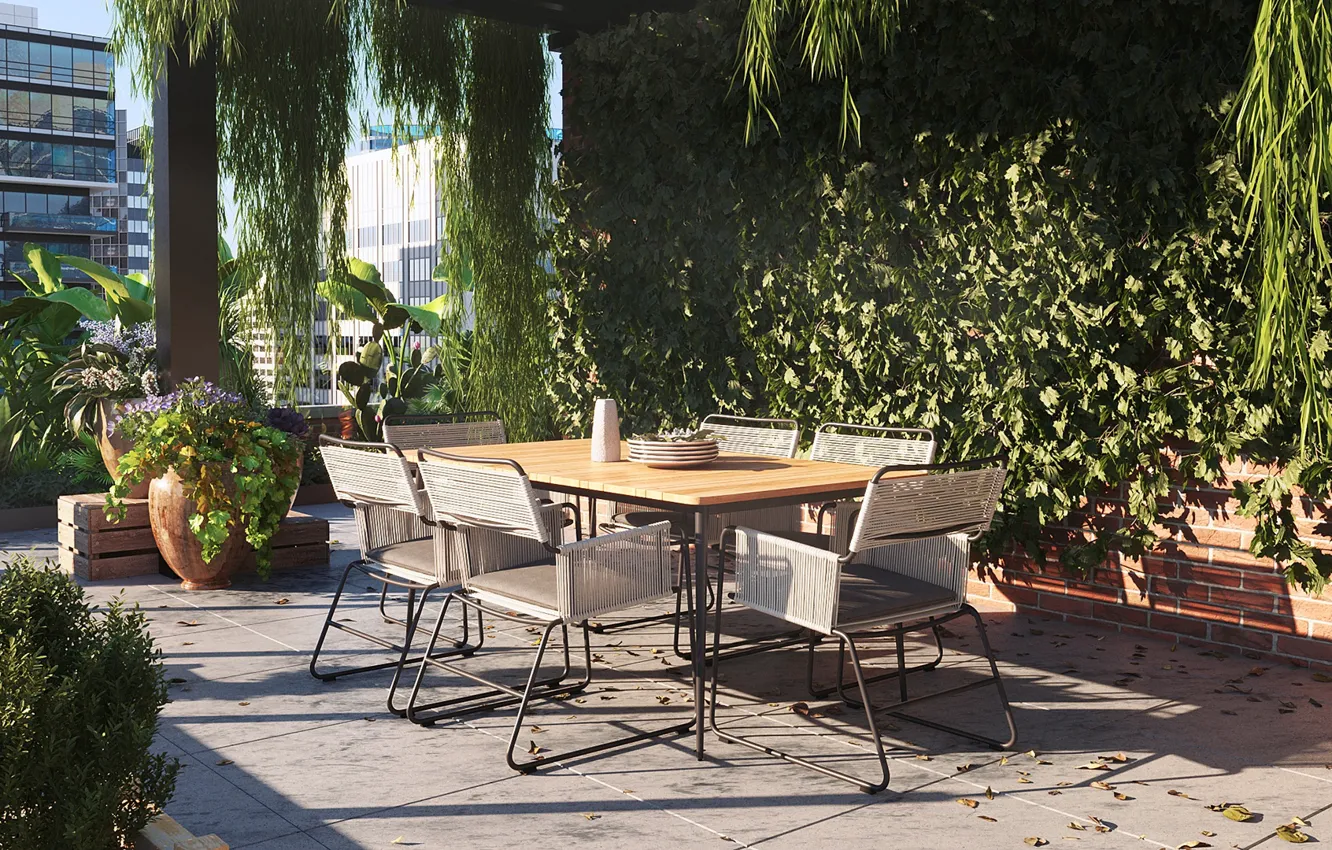 Photo wallpaper leaves, table, vegetation, chair, Penthouse Apartment