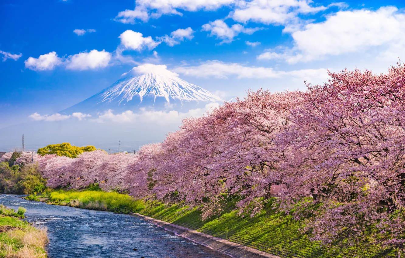 Photo wallpaper clouds, mountains, Park, blue, shore, Asia, spring, Japan