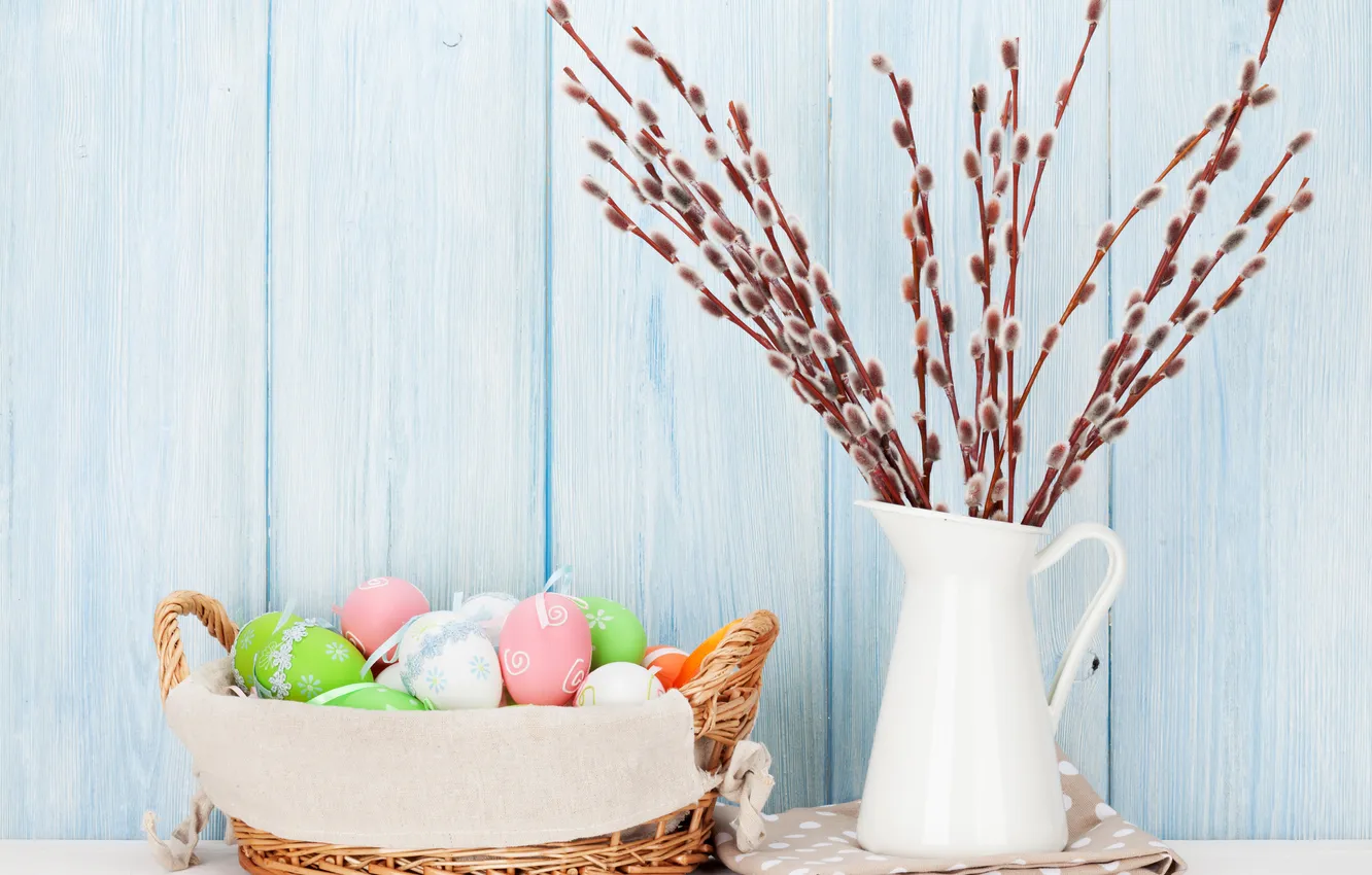 Photo wallpaper flowers, eggs, spring, Easter, happy, Verba, flowers, spring
