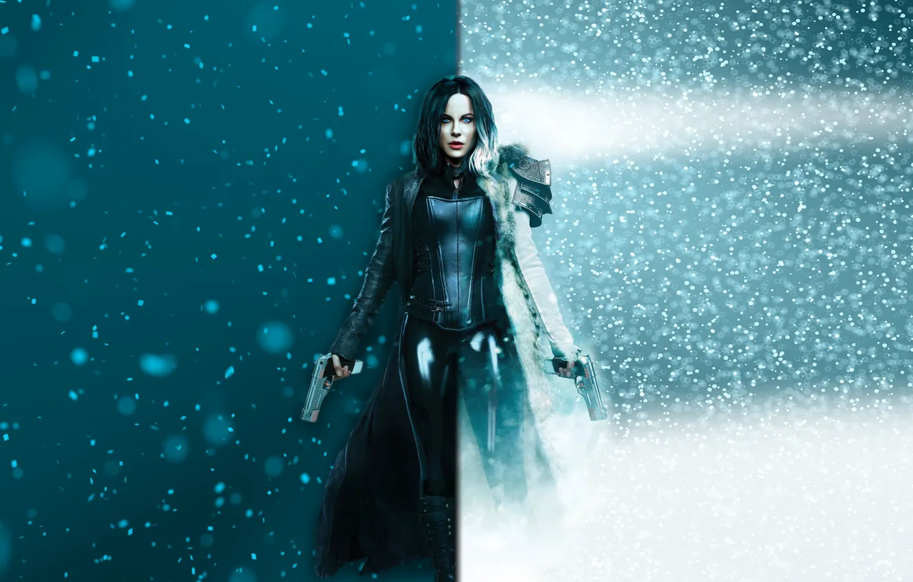 Photo wallpaper cinema, Kate Beckinsale, gun, pistol, Underworld, armor, weapon, snow