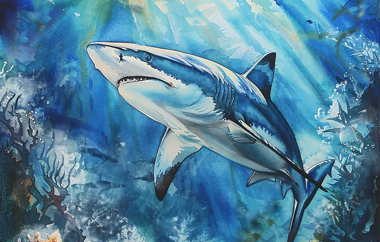 Photo wallpaper predator, shark, corals, underwater world, digital art, imitation painting, AI art, The Art of Artificial …