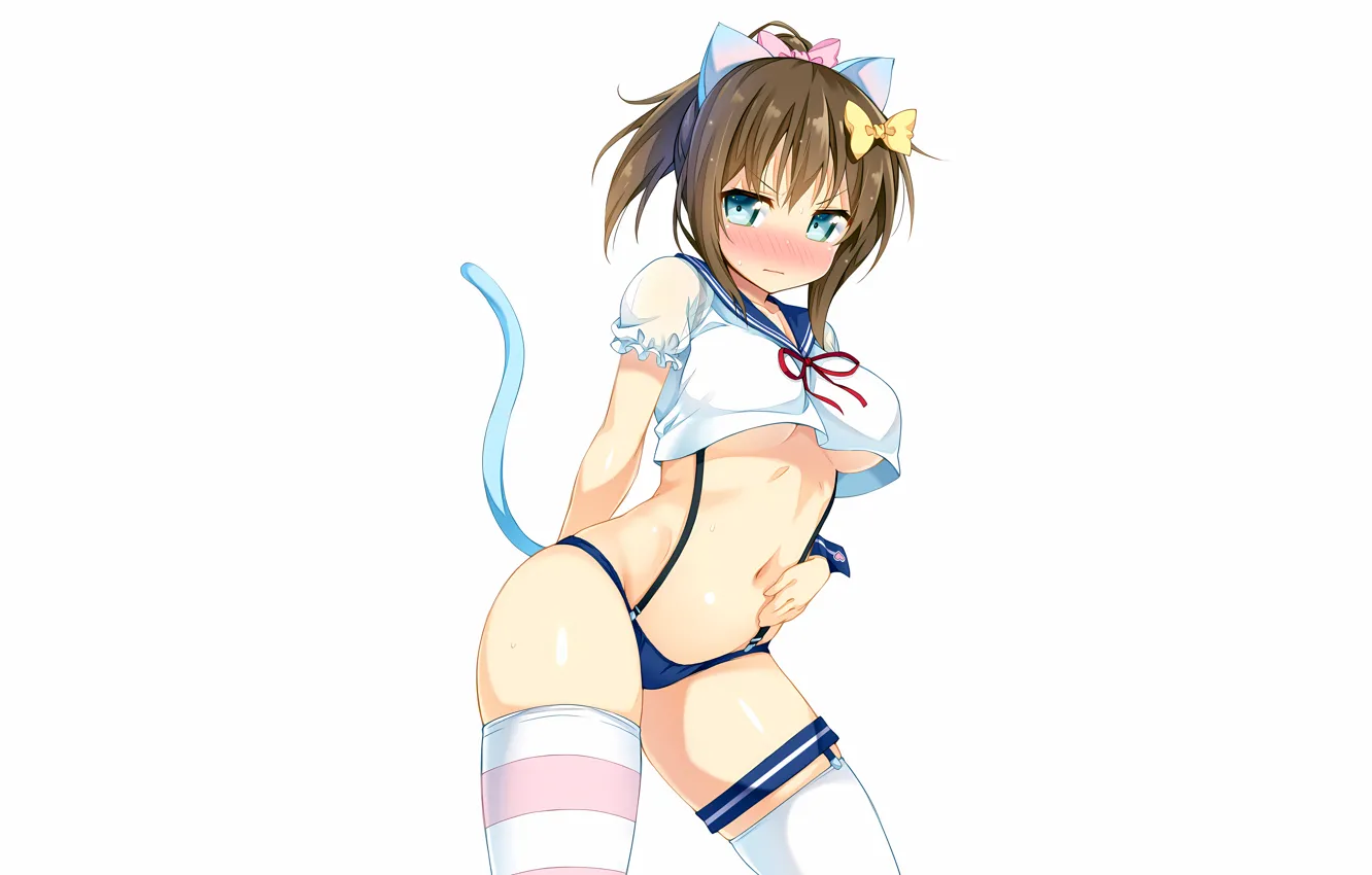 Photo wallpaper girl, sexy, lingerie, pantsu, cleavage, panties, thighhighs, brown hair