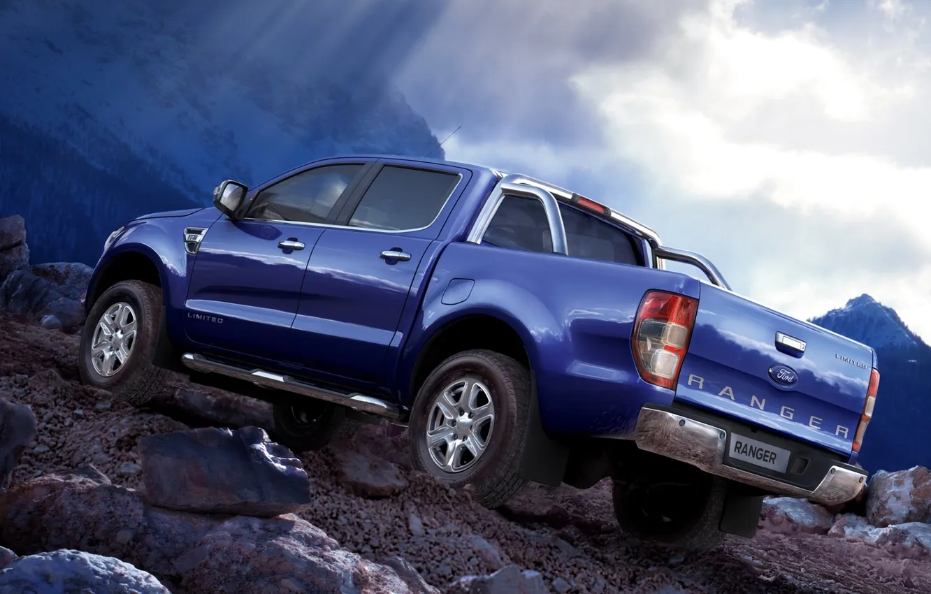 Photo wallpaper the sky, blue, stones, mountain, Ford, Ford, jeep, rear view