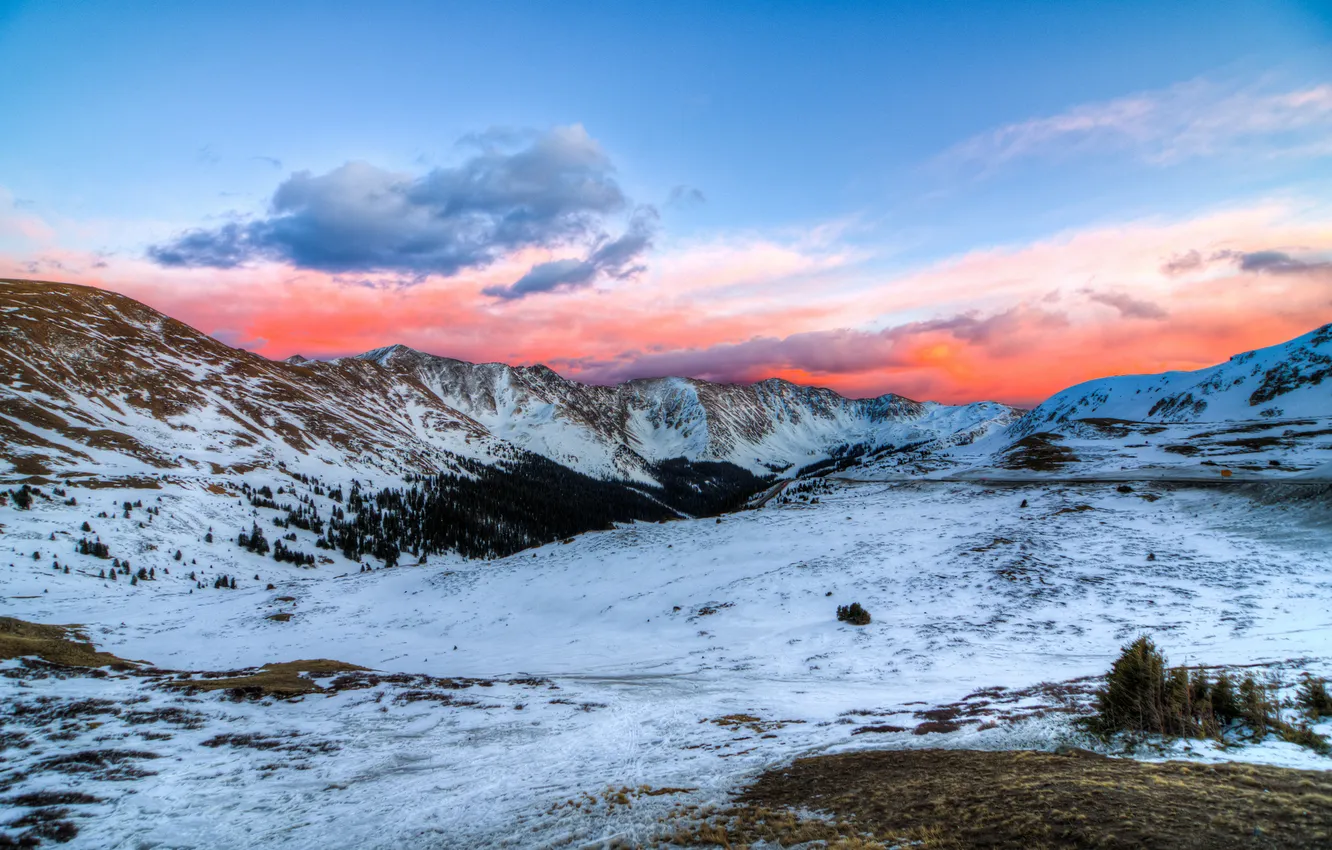 Photo wallpaper snow, sunset, mountains