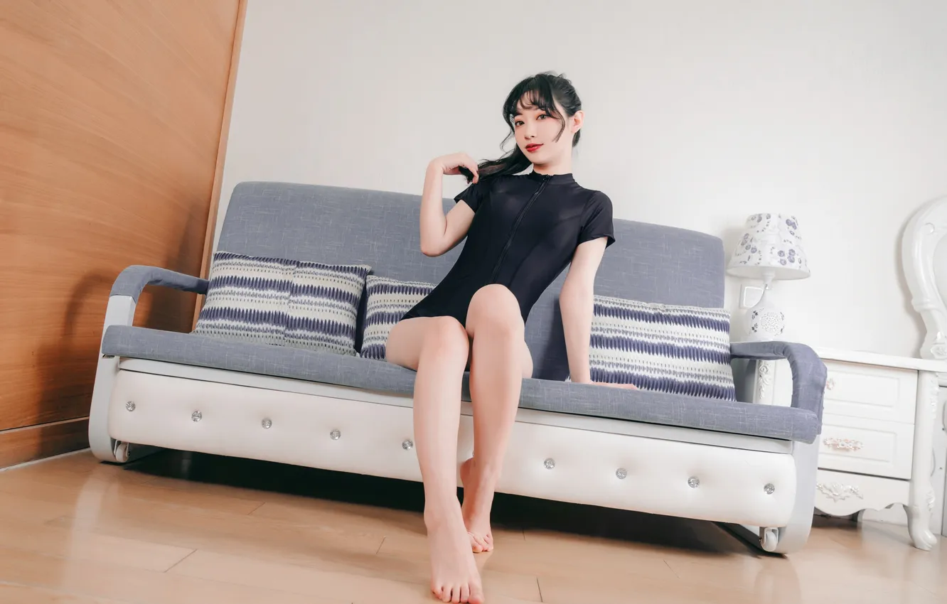 Photo wallpaper woman, beautiful, model, pretty, living room, asian, sofa, sitting
