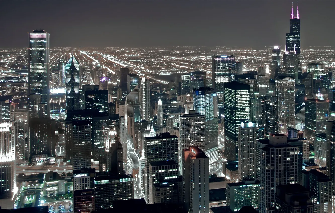 Photo wallpaper night, city, lights, height, skyscrapers, USA, America, Chicago
