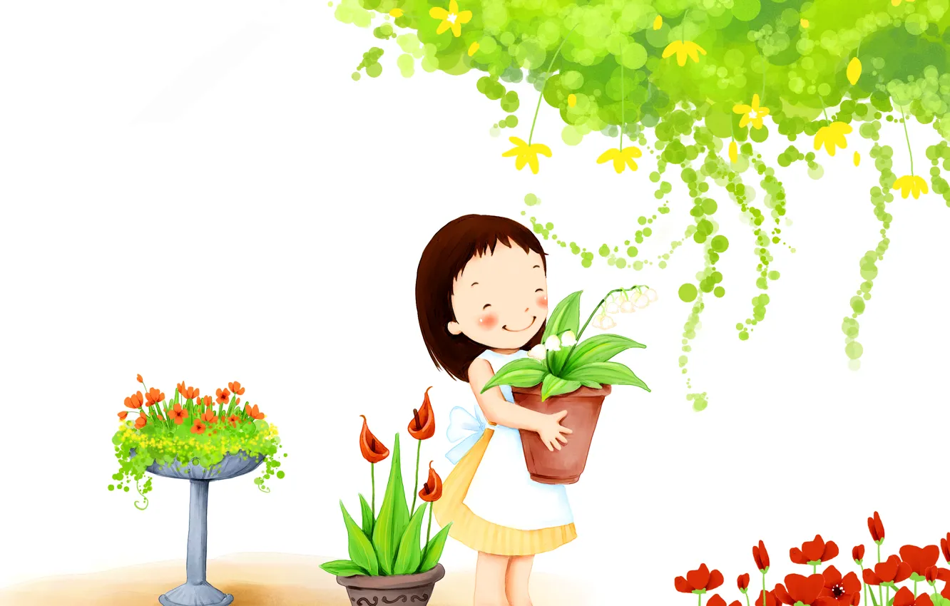 Photo wallpaper flowers, smile, foliage, girl, baby Wallpaper, pot, garden