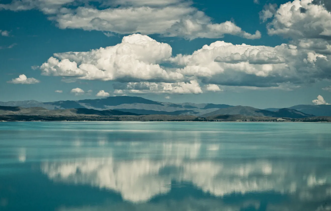 Photo wallpaper clouds, mountains, lake, reflection
