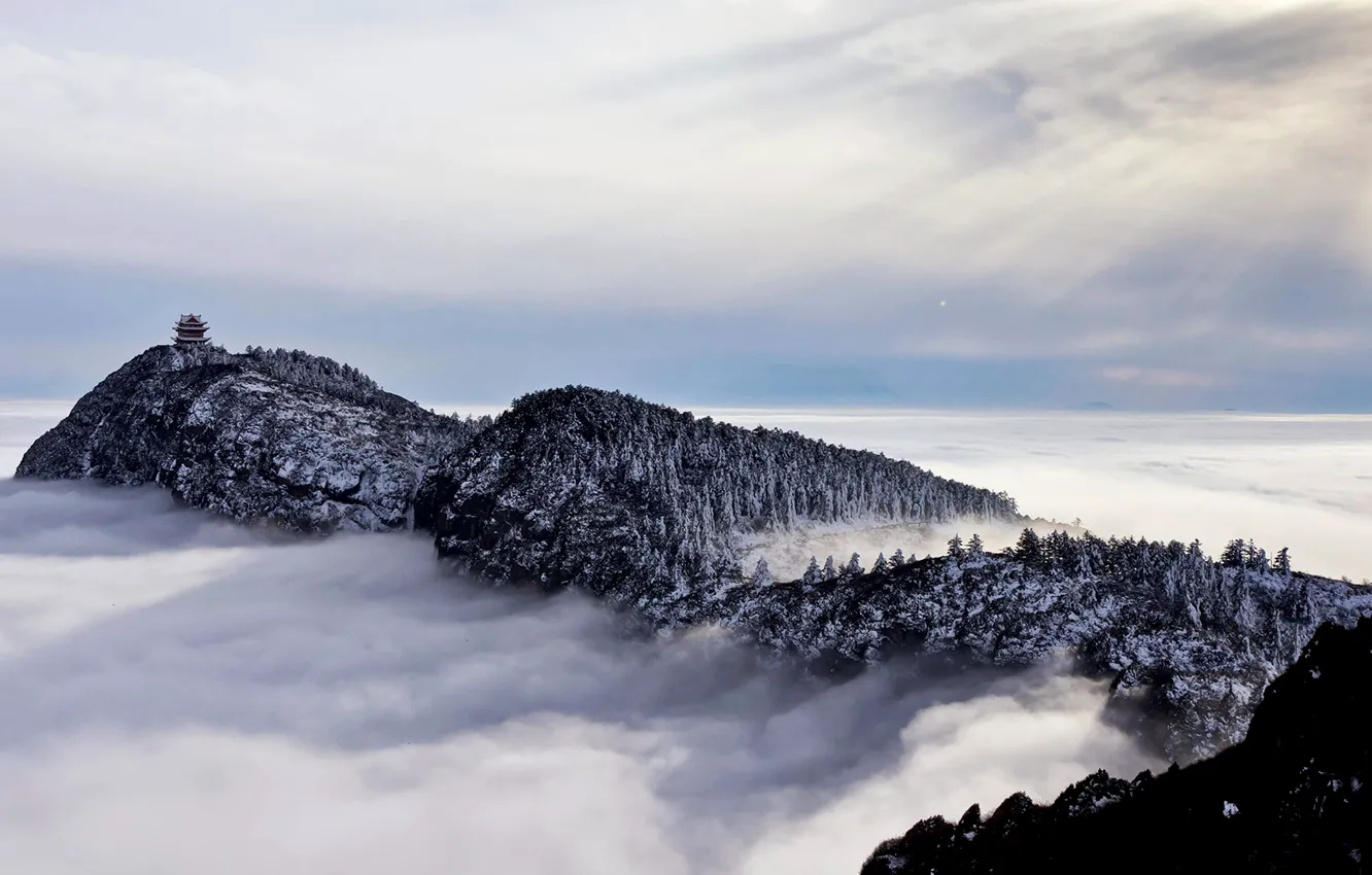 Photo wallpaper clouds, trees, mountains, rocks, China, pagoda
