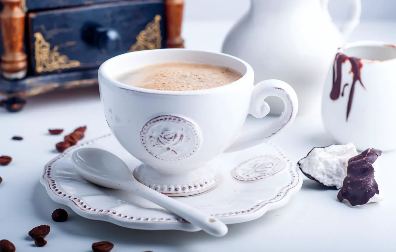 Photo wallpaper coffee, grain, spoon, Cup, foam