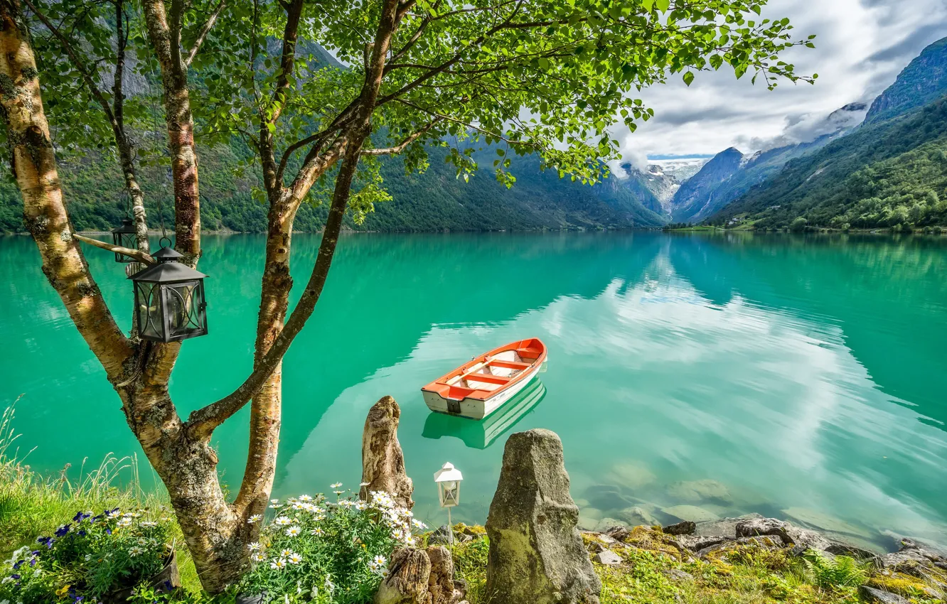 Photo wallpaper mountains, lake, tree, boat, Norway, lantern, birch, Norway