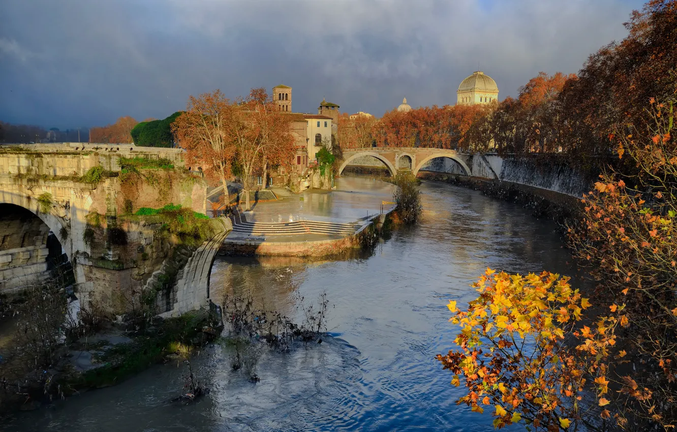 Photo wallpaper autumn, landscape, river, Rome, Italy, The Tiber, Ponte Rotto, bridge Emilia