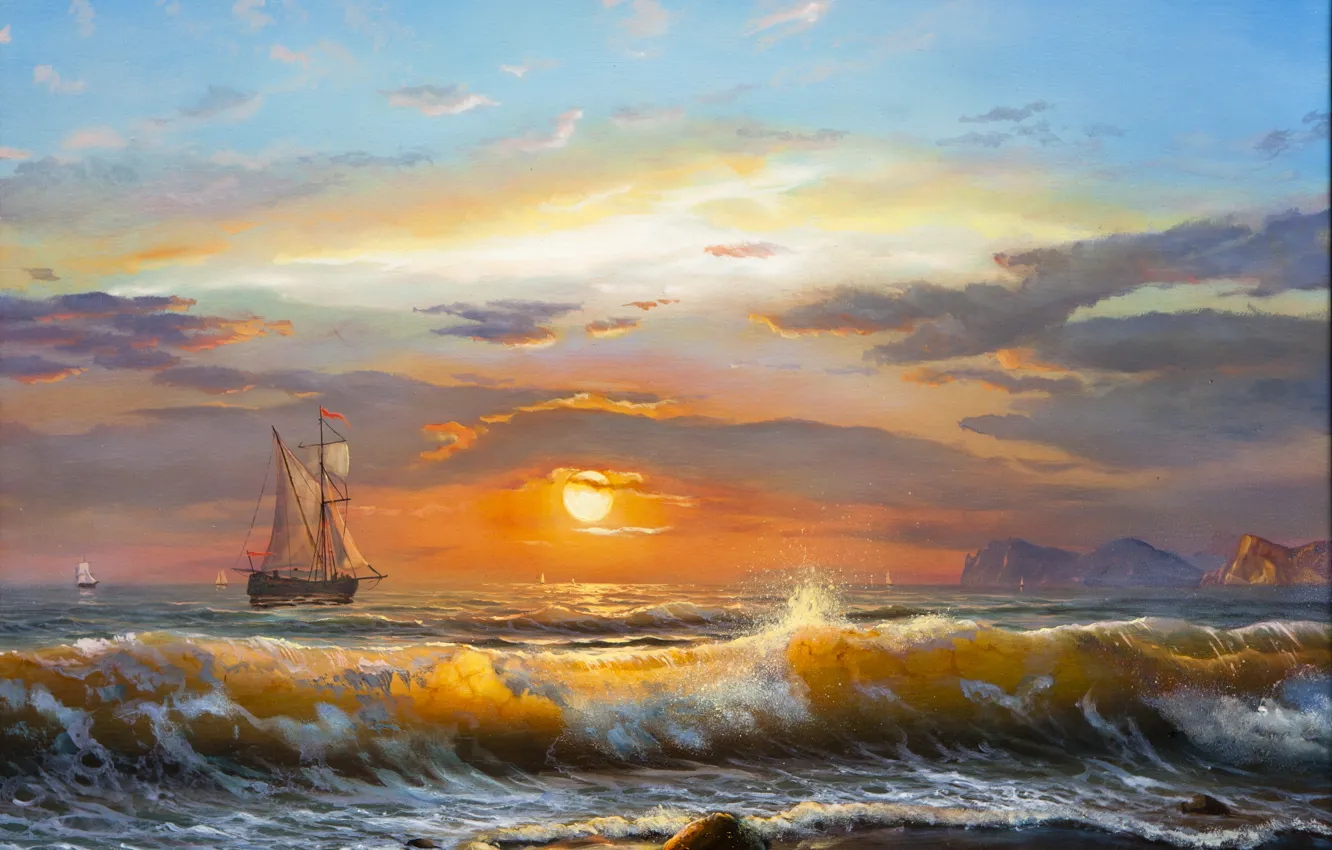 Photo wallpaper sea, wave, the sky, clouds, landscape, sunset, sailboat, waves