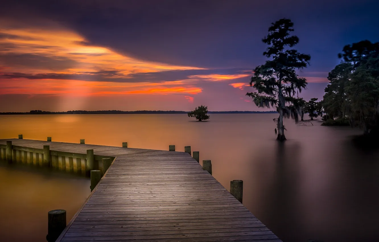 Photo wallpaper the sky, trees, landscape, sunset, bridge, nature