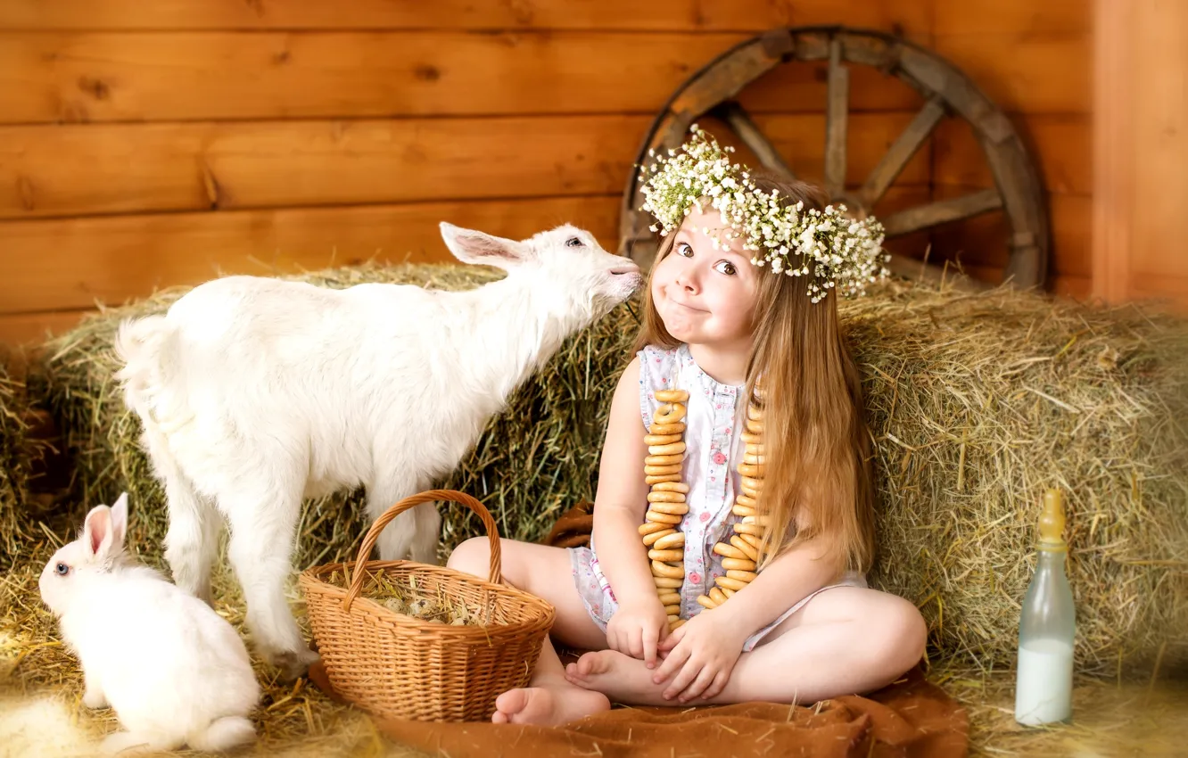 Photo wallpaper animals, happiness, childhood, basket, eggs, wheel, rabbit, milk