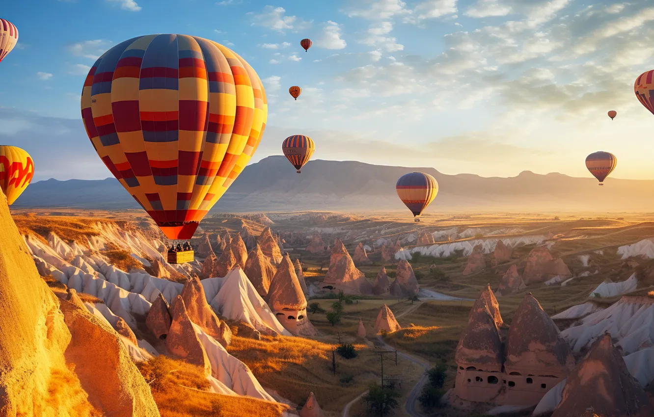 Photo wallpaper flight, landscape, mountains, balloon, balloon, AI art, The Art of Artificial Intelligence, digital art •