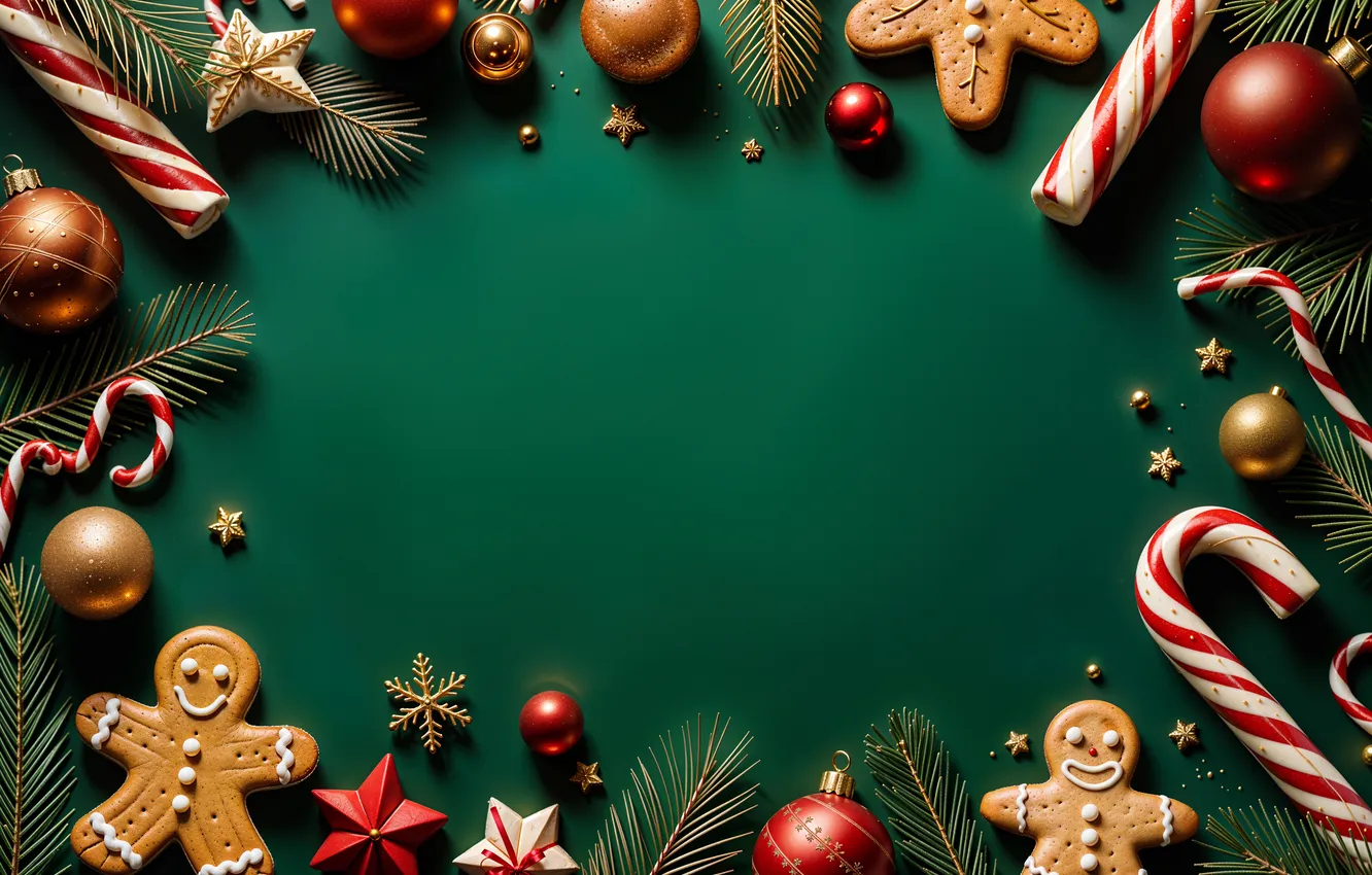 Photo wallpaper decoration, background, green, balls, new year, Christmas, golden, Christmas