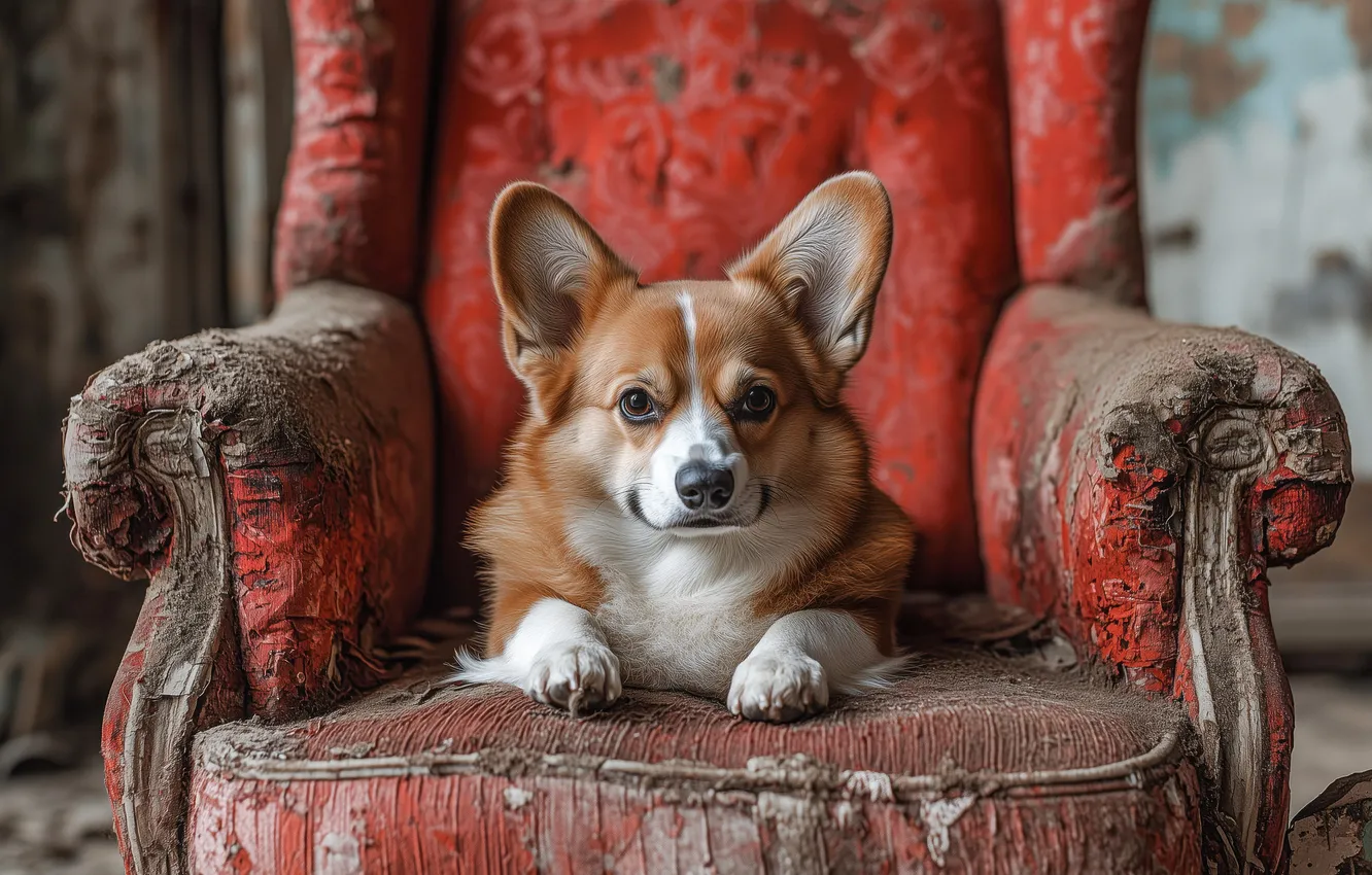 Photo wallpaper look, dog, chair, face, Welsh Corgi, neural network