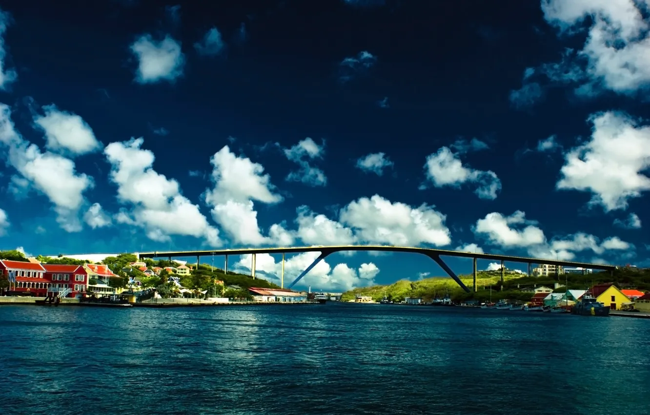Photo wallpaper sea, the sky, clouds, sky, sea, bridge, clouds, capital