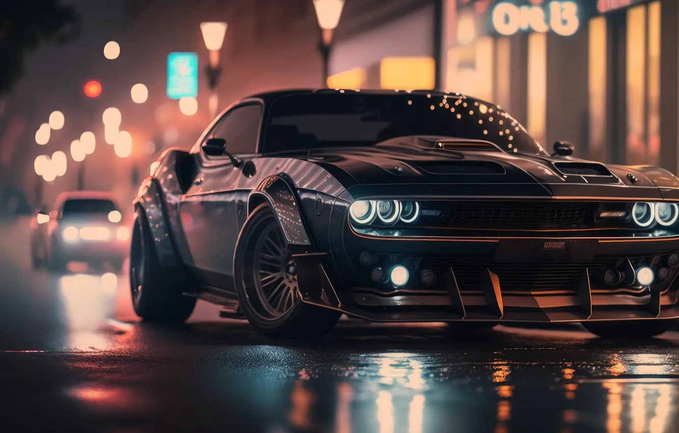 Wallpaper lights, muscle car, street, bokeh, ai art for mobile and ...