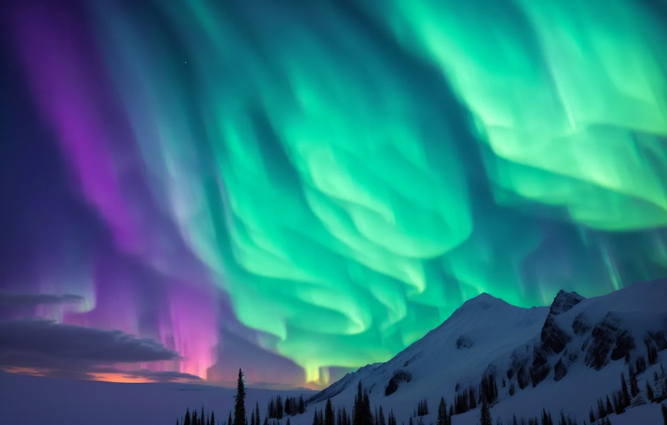 Photo wallpaper winter, forest, purple, the sky, mountains, night, nature, green