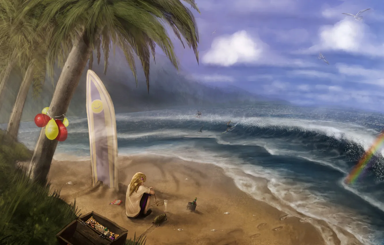 Photo wallpaper sand, sea, wave, beach, palm trees, Board, bottle, seagulls