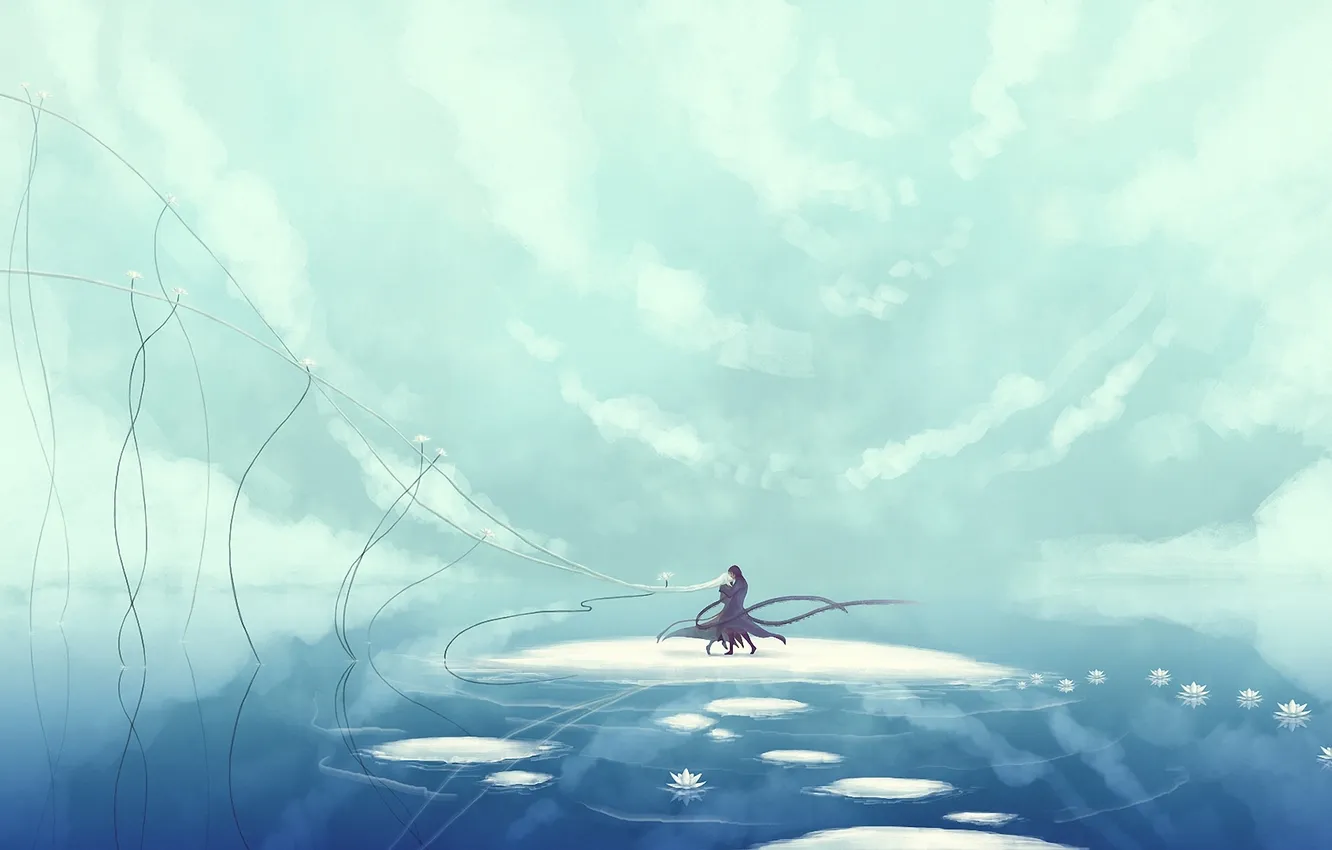 Photo wallpaper girl, flowers, island, dance, Lotus, hugs, guy