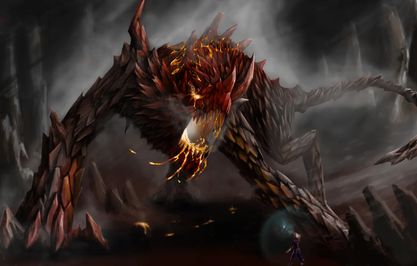 Photo wallpaper fire, stone, scales, Monster, MAG, cave, fight