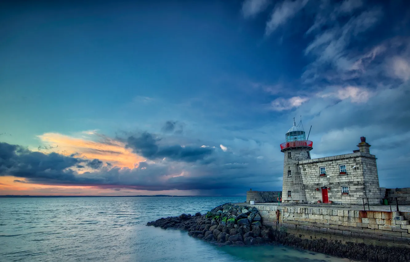 Photo wallpaper sea, the sky, sunset, clouds, lighthouse