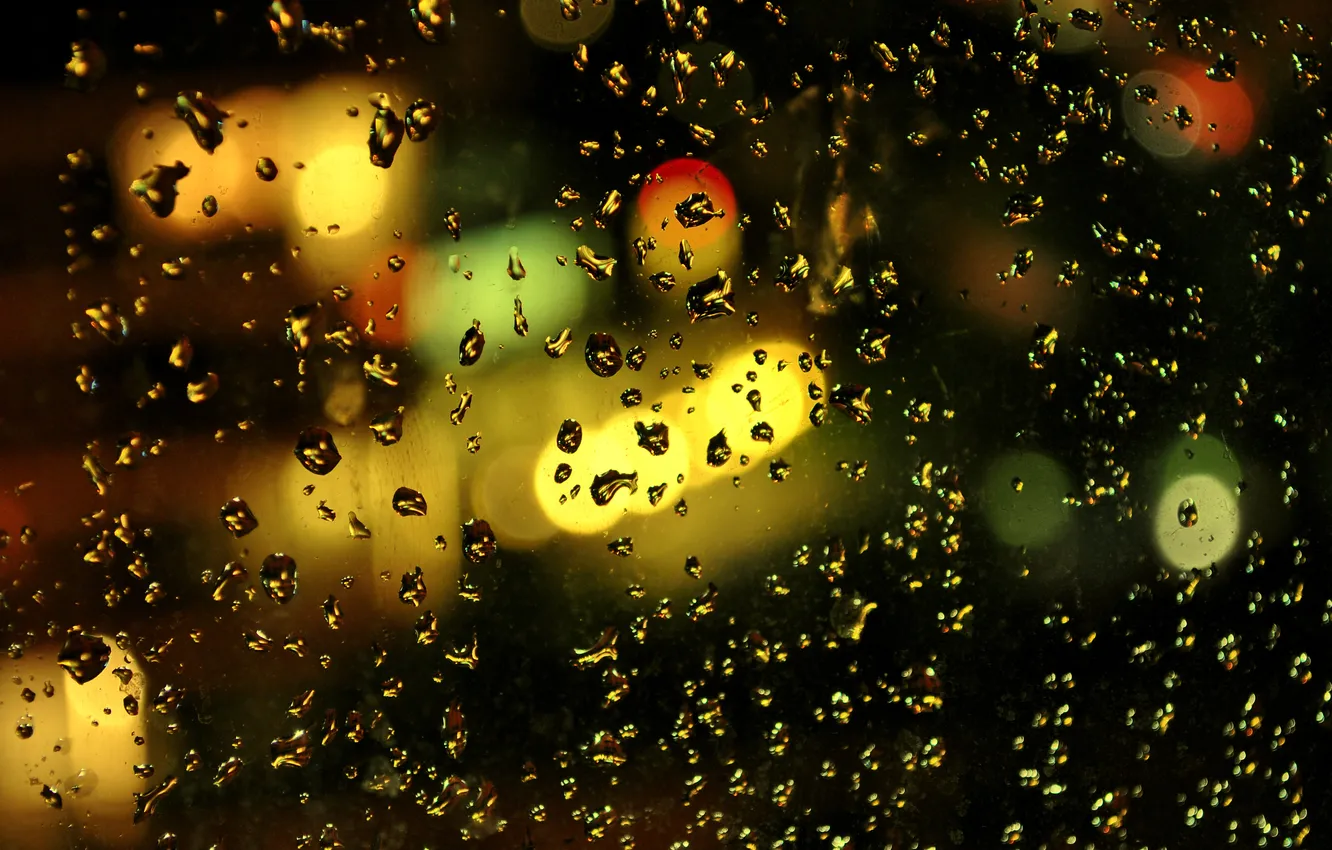 Photo wallpaper glass, drops, lights, rain, the evening